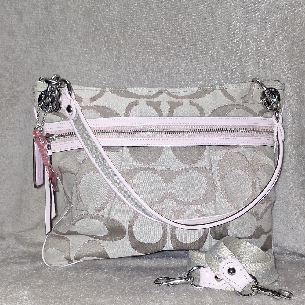 Coach Khaki & Pink Shimmer Signature C Shoulder Bag